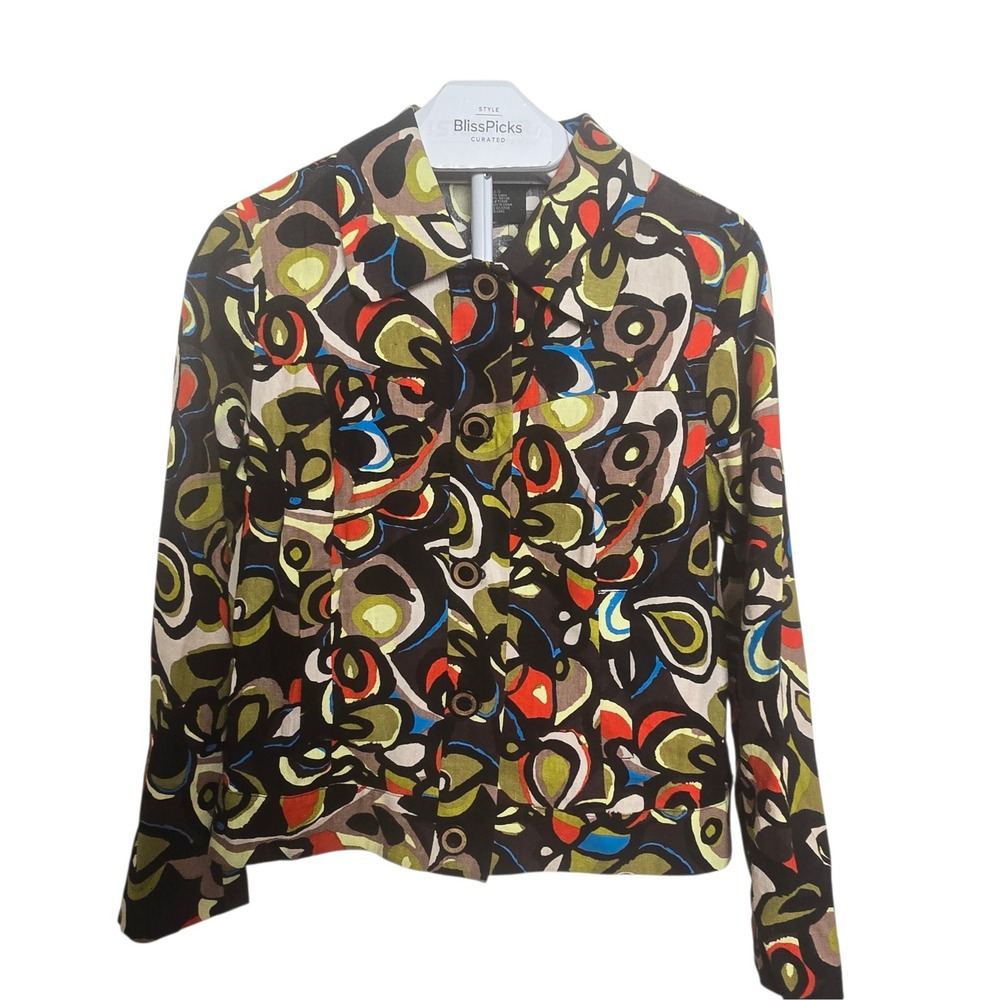 RQT Abstract Print Jacket S Linen Women's‎ Rayon Button Front Art Teacher Retro